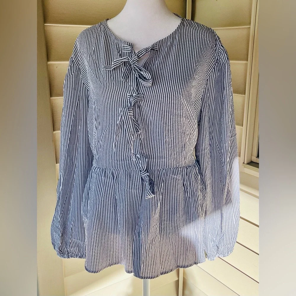 Mesoli Blue & White Striped Puff Sleeve Babydoll Peplum Blouse – Size XL - Picture 3 of 7
